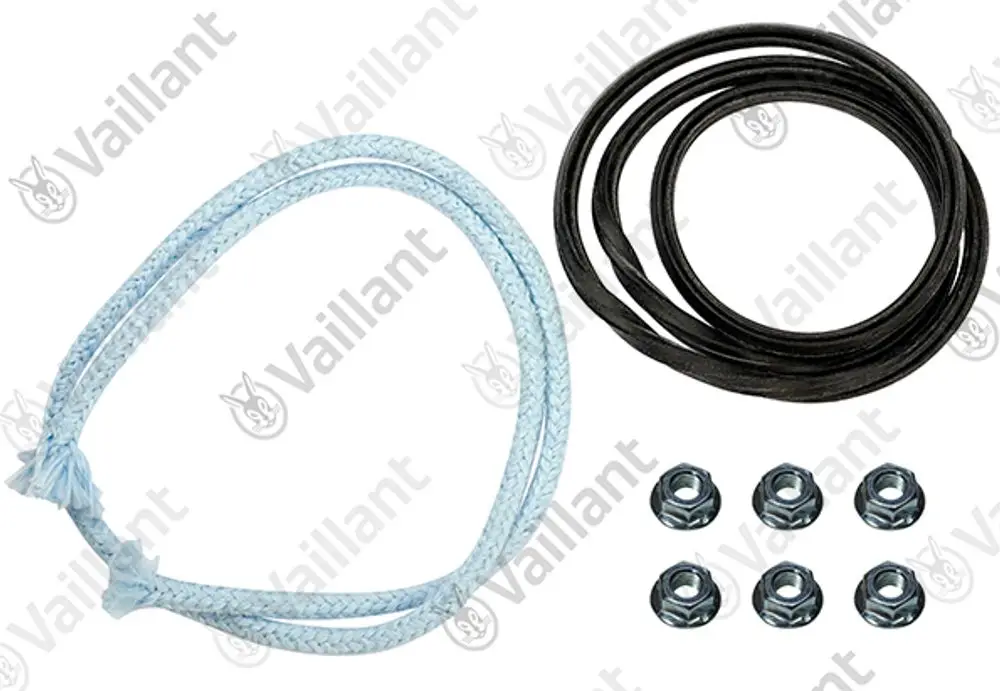 Vaillant Dichtungen und Riegel, bestehend aus zwei blauen Schnüren und zwei schwarzen Gummiringen sowie sechs Metallmuttern, auf hellem Hintergrund.